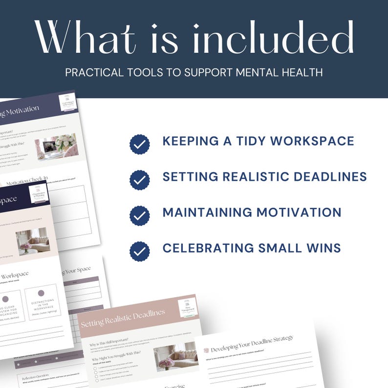 An informative image outlining practical tools for mental health support, including sections on keeping a tidy workspace, setting realistic deadlines, maintaining motivation, and celebrating small wins.