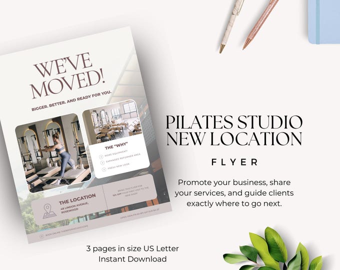 Pilates Studio Moving Announcement, We've Moved Canva Template, Grand Opening, Boutique Fitness Relocation, Editable Small Business Flyer