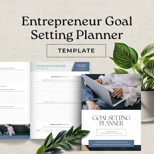 May include: An open planner with the title "Entrepreneur Goal Setting Planner" and the word "TEMPLATE" in a box. The planner includes sections for tracking progress, lead and lag indicators, and a weekly velocity tracker. A person is using a laptop in the image.