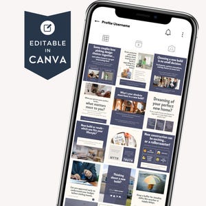 A smartphone displays a Canva template with various design ideas related to home buying and building, featuring text prompts like 'Whats your absolute must-have in a new build'
