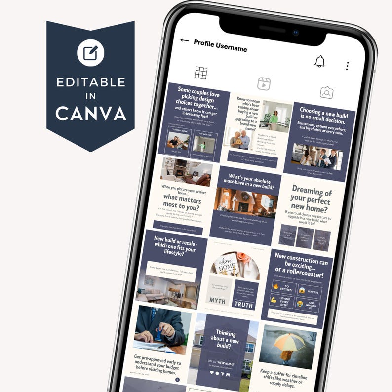 A smartphone displays a Canva template with various design ideas related to home buying and building, featuring text prompts like 'Whats your absolute must-have in a new build'