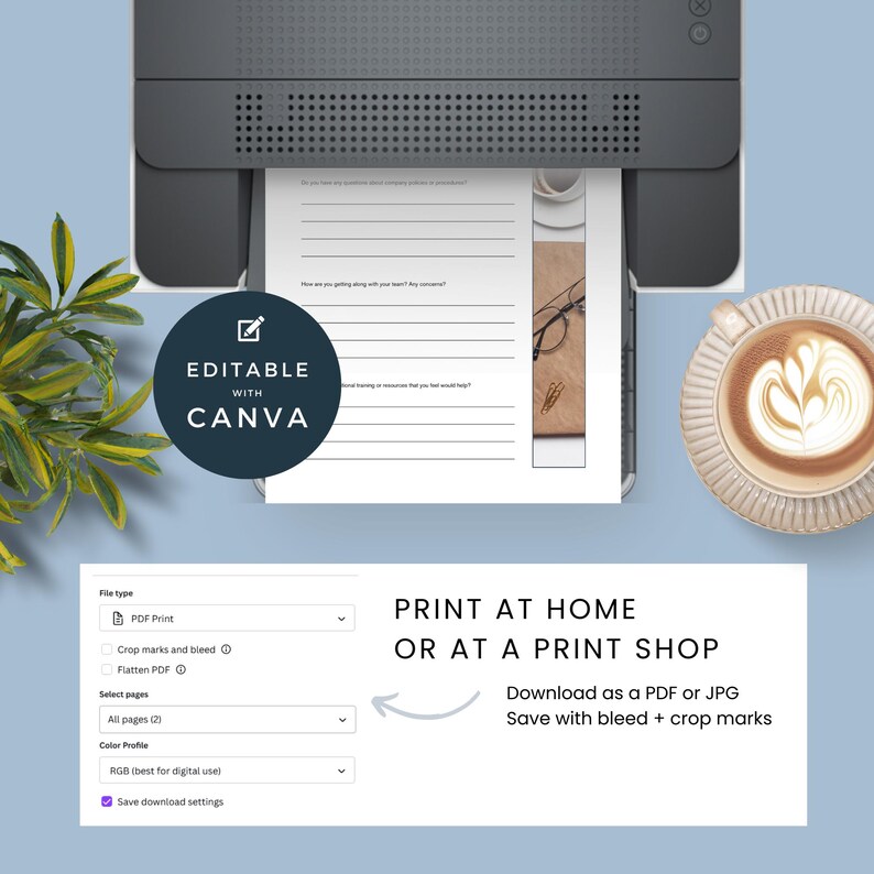 May include: A digital template document featuring lines for text input, displayed on a printer. The document includes a circular badge stating EDITABLE WITH CANVA. Below, text reads PRINT AT HOME OR AT A PRINT SHOP, with download instructions.