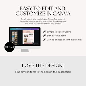 Peut inclure: Un &eacute;cran d'ordinateur affiche un mod&egrave;le Canva, avec le texte "EASY TO EDIT AND CUSTOMIZE IN CANVA." L'image comprend &eacute;galement le texte "Simple &agrave; modifier dans Canva", "Modifier tous les textes et polices" et "Peut &ecirc;tre imprim&eacute; ou envoy&eacute; par e-mail."
