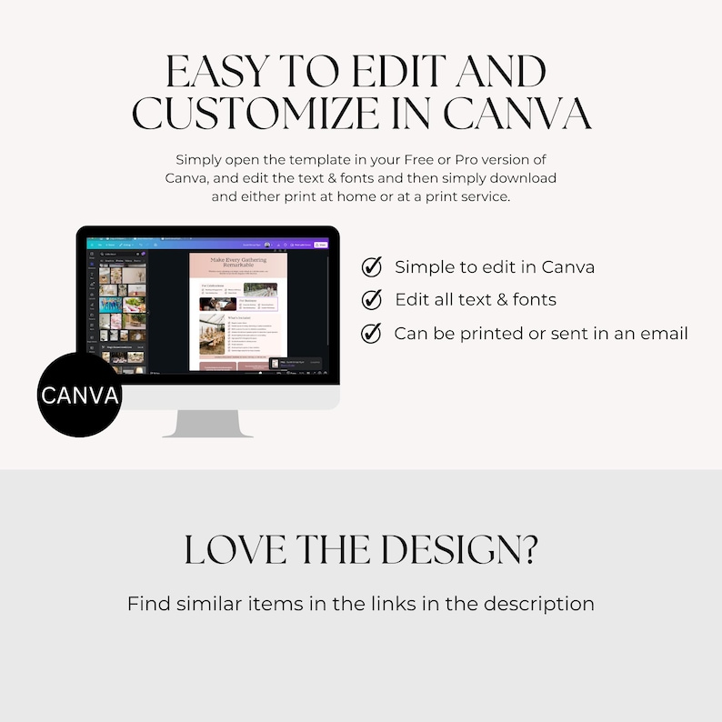 Peut inclure: Un &eacute;cran d'ordinateur affiche un mod&egrave;le Canva, avec le texte "EASY TO EDIT AND CUSTOMIZE IN CANVA." L'image comprend &eacute;galement le texte "Simple &agrave; modifier dans Canva", "Modifier tous les textes et polices" et "Peut &ecirc;tre imprim&eacute; ou envoy&eacute; par e-mail."