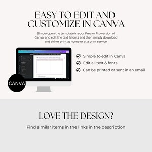 May include: A computer monitor shows a template within the Canva design platform. The text "EASY TO EDIT AND CUSTOMIZE IN CANVA" is at the top. Additional text includes "Simple to edit in Canva," "Edit all text & fonts," and "Can be printed or sent in an email."