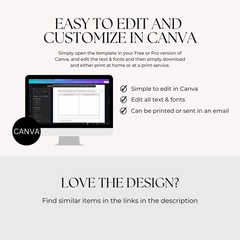 May include: A computer monitor shows a template within the Canva design platform. The text "EASY TO EDIT AND CUSTOMIZE IN CANVA" is at the top. Additional text includes "Simple to edit in Canva," "Edit all text & fonts," and "Can be printed or sent in an email."