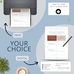 A graphic illustrating options to print or use digital tools for a PDF document. Displays a printer with a sheet exiting, an iPad showing content, and a coffee cup with a plant.