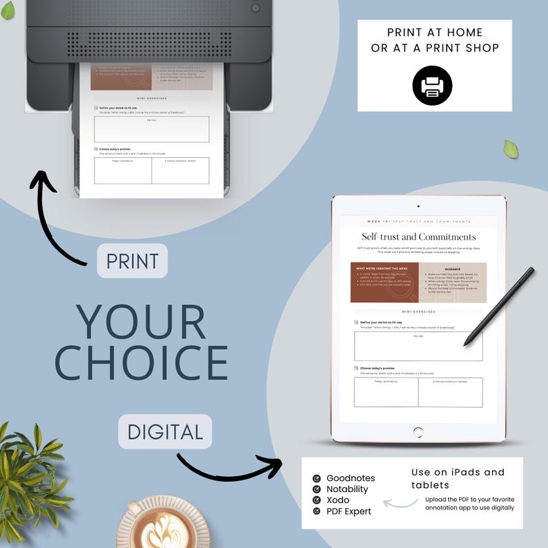 A graphic illustrating options to print or use digital tools for a PDF document. Displays a printer with a sheet exiting, an iPad showing content, and a coffee cup with a plant.