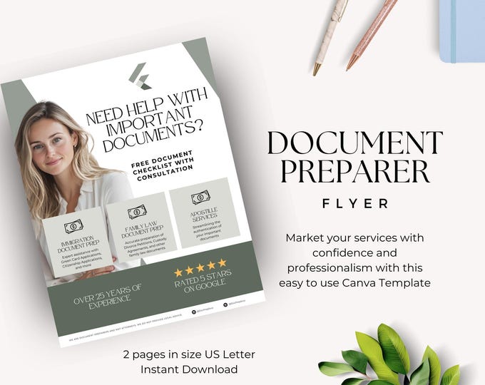 Document Preparer Flyer Canva Template, Small Business Flyer, Business Marketing Brochure Template, Immigration Law Printable Marketing
