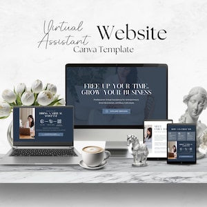 Può includere: Un mockup di un sito web per un servizio di assistenza virtuale. Il sito web è visualizzato su un computer portatile, un tablet e uno smartphone. Il sito web presenta uno schema di colori blu e bianco e include testo che dice "Libera il tuo tempo. Fai crescere la tua attività." e "Assistenza virtuale professionale per imprenditori, piccole imprese e individui impegnati."