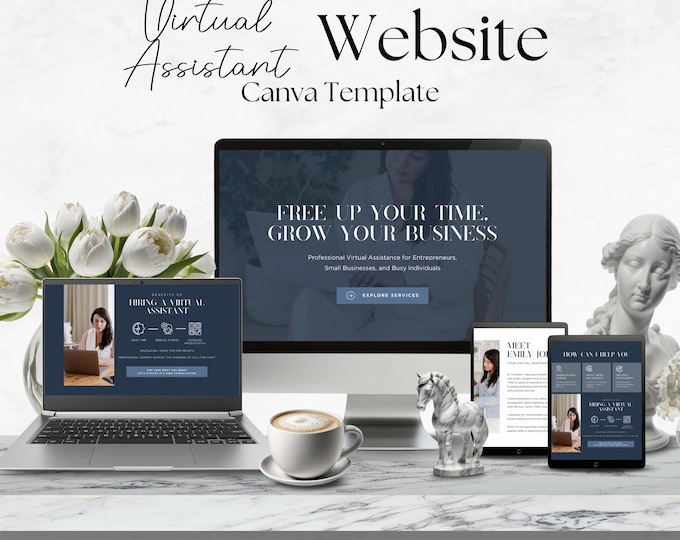 Virtual Assistant Canva Website Template, One Page Website for VA, Done For You Social Media Website, Editable Online Business Manager Site