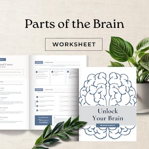 May include: A Parts of the Brain worksheet featuring a cover with a blue brain illustration and the text Unlock Your Brain. The open pages display sections titled The Hijack Tracker and Survived to Logic with various checkboxes and text prompts.