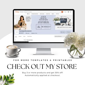 Peut inclure: Un &eacute;cran d'ordinateur affichant la page de la boutique Etsy YourDigitalDoodads, avec une banni&egrave;re portant le texte YOUR DIGITAL DOODADS, SAVE 30% WHEN YOU BUY ANY 3 TEMPLATES et USE CODE BUNDLEUP. Sous l'&eacute;cran figure le texte CHECK OUT MY STORE.
