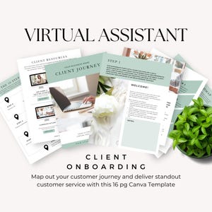 Könnte beinhalten: Eine 16-seitige Canva-Vorlage für das Onboarding von Kunden für virtuelle Assistenten, mit Dokumenten in Salbeigrün, Überschriften wie VIRTUAL ASSISTANT, CLIENT RESOURCES und CLIENT JOURNEY sowie Bildern eines Laptops und weißer Blumen.