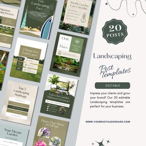 Könnte beinhalten: Eine Sammlung grüner und weißer Landschafts-Post-Vorlagen. Die Vorlagen enthalten Texte wie „Fun Landscaping Fact“, „3 Steps to a Lush Lawn“ und „Weekly Garden Care Checklist“. Die Vorlagen sind mit „20 Posts“ und „Editable“ gekennzeichnet.