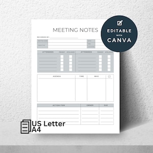 Meeting Minutes Template Editable Meeting Notes Printable Business Project Record Simple Agenda Note Taking Project Meetings Notes