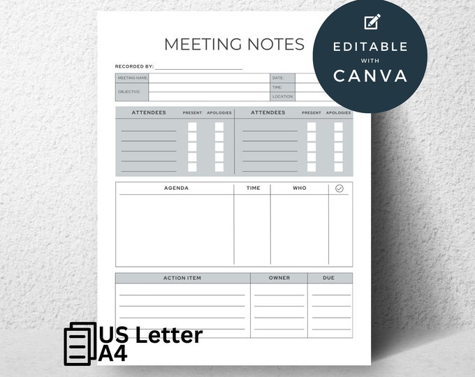 Meeting Minutes Template Editable Meeting Notes Printable Business Project Record Simple Agenda Note Taking Project Meetings Notes