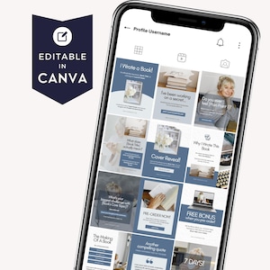 A smartphone displaying a Canva profile with various promotional posts about book writing, featuring quotes, cover reveals, and calls to action related to pre-orders and free bonuses.