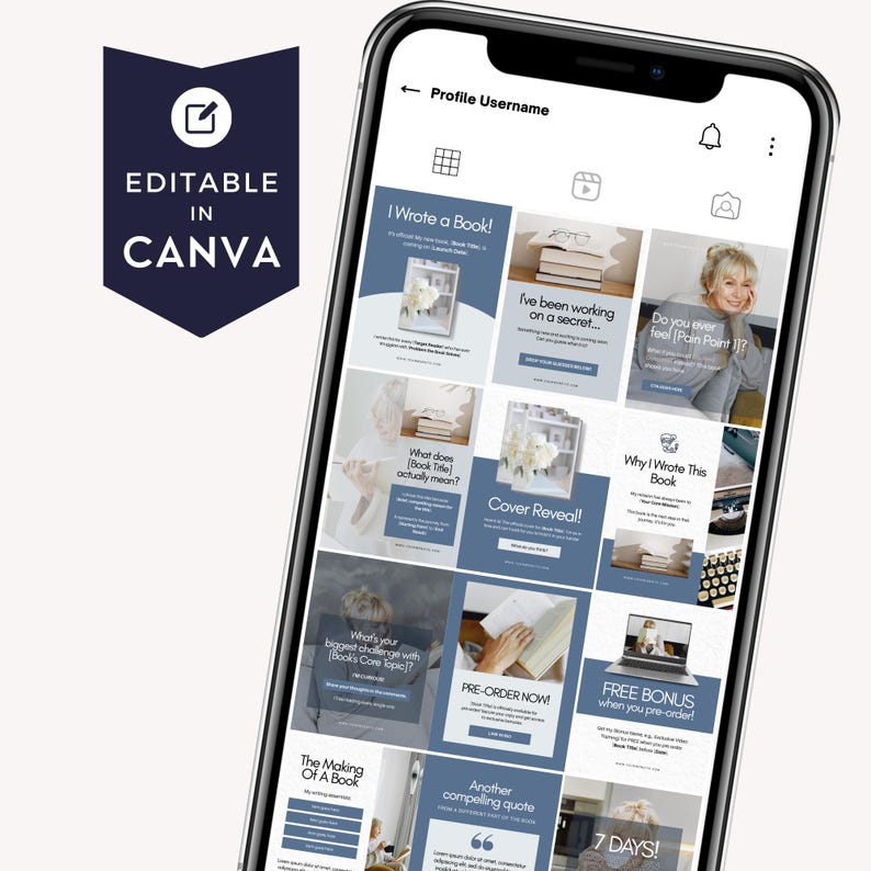 A smartphone displaying a Canva profile with various promotional posts about book writing, featuring quotes, cover reveals, and calls to action related to pre-orders and free bonuses.
