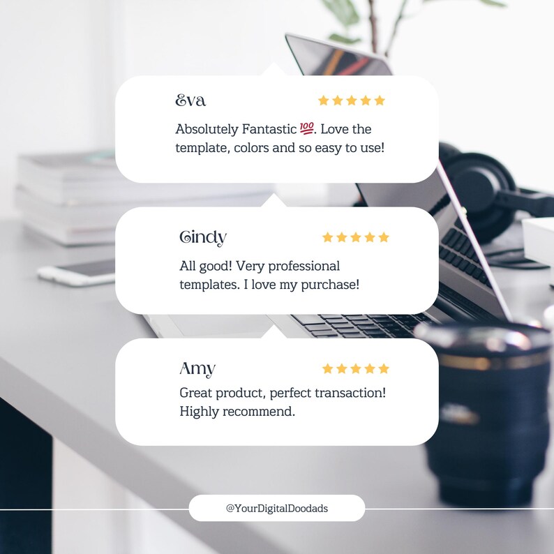 May include: Image showing customer reviews with star ratings. The testimonials are from Eva, Cindy, and Amy, highlighting the product's ease of use, professionalism, and transaction. The product is a template.