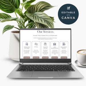A stylish laptop displays a service offerings webpage for bookkeeping. Features include transaction recording, payroll, sales tax returns, bank reconciliation, and management reports. A potted plant and cup of coffee are in the background.