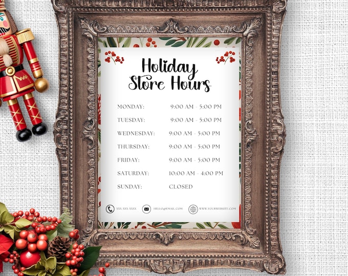 Holiday Business Hours Sign, Opening Hours Store Template, Editable Business Flyer, Business Canva Marketing, Storefront Available Times
