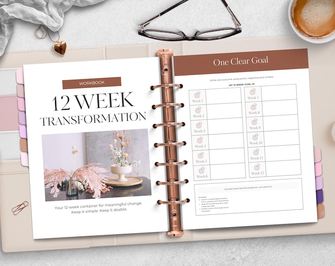 12-Week Transformation Workbook Goal Planner PDF • Habit Tracker • Mindset Workbook • Life Coach Tools • Productivity Kit for Self-Growth