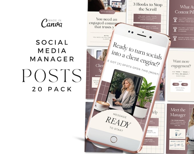Social Media Manager Canva Template, 20 Editable Instagram Post, Content Planner & Branding Kit for Small Business Content Creator