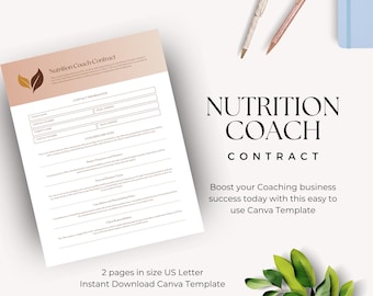 May include: A two-page Nutrition Coach Contract template in US Letter size. The document features a beige header with a leaf logo, contact information fields, coaching services, payment terms, and cancellation policies. Two pens and green leaves.