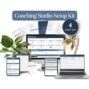 May include: A Coaching Studio Setup Kit featuring a 4 part kit label, a computer monitor displaying a dashboard, a laptop, multiple printed document pages, and a gold desk lamp. The digital interface shows progress tracking tables and status breakdowns.