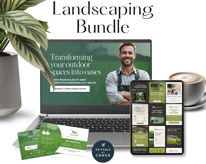 Landscaping Business Bundle Canva Website Template, Lawn Care Business Card Set, Social Media Post, Gardening Branding Kit, Small Business