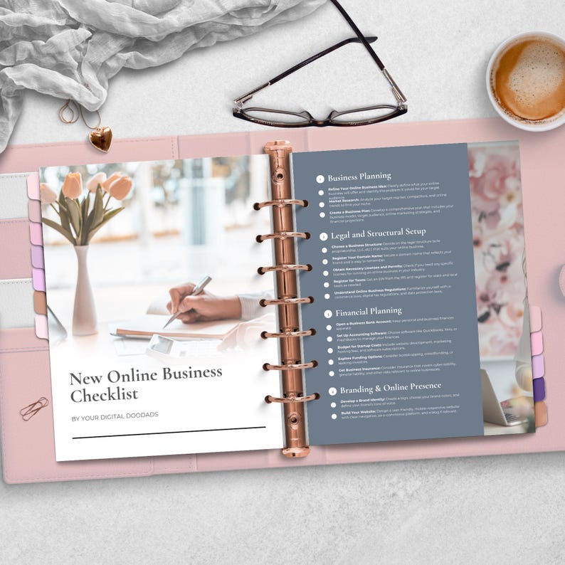 May include: A pink and gray planner with a checklist for starting a new online business. The checklist includes sections for business planning, legal and structural setup, financial planning, and branding and online presence.