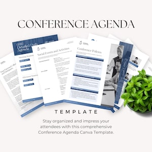 Op de afbeelding: Een stapel witte papieren documenten met blauwe accenten, getiteld "Conference Agenda" en "Template". De documenten bevatten tekst zoals "Detailed Daily Agenda", "Social Events and Activities" en "Conference Policies". Een kleine groene plant is zichtbaar.
