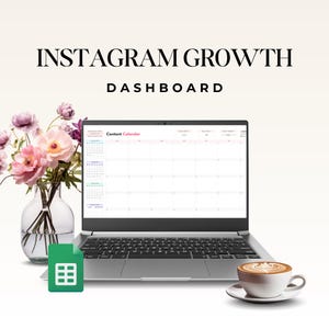 A laptop displaying an Instagram growth dashboard with a content calendar, accompanied by a vase of flowers and a cup of latte art on a saucer, set against a soft background.