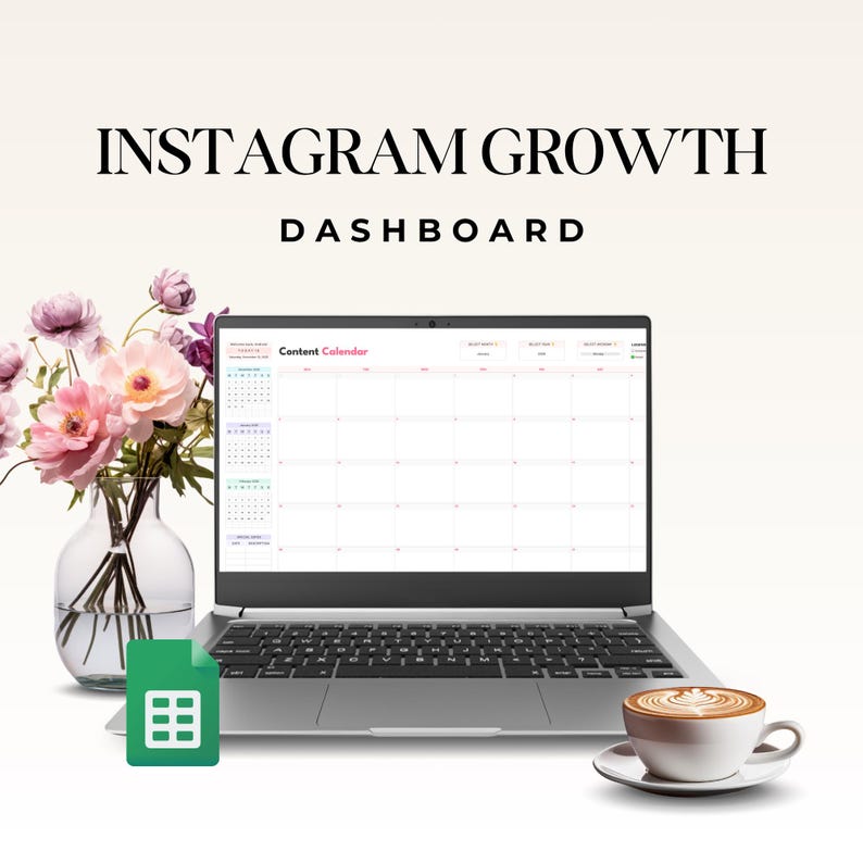 A laptop displaying an Instagram growth dashboard with a content calendar, accompanied by a vase of flowers and a cup of latte art on a saucer, set against a soft background.