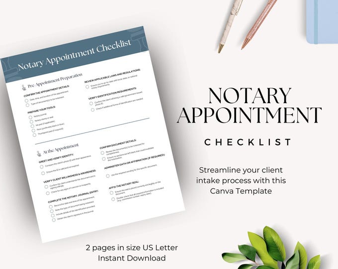 Notary Appointment Checklist Editable Template, Business Form for Signing Agent, Client Intake Organizer, Notary Public Client Onboarding