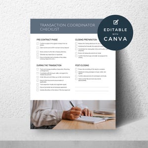 May include: A Transaction Coordinator Checklist document with sections for pre-contract, closing preparation, during the transaction, and post-closing phases. The document features a dark blue header and a circular badge stating Editable with Canva.