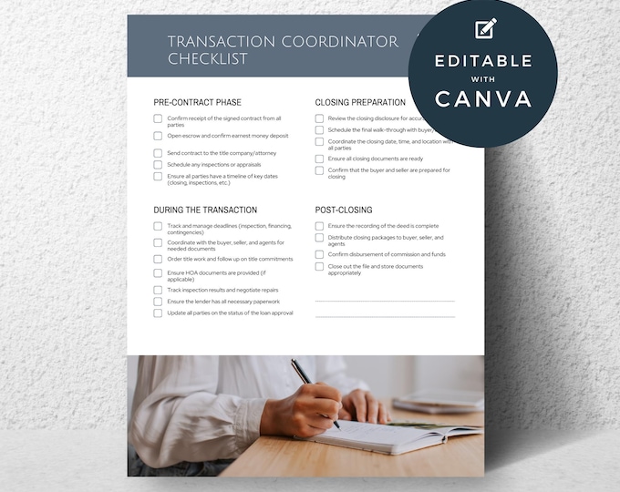 Transaction Coordinator Checklist, Contract to Close, Real Estate Transaction, Seller & Buyer Agent, Client Handout, New Listing Checklist