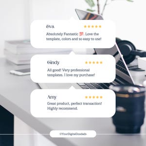 May include: Three white speech bubble graphics displaying customer reviews with five-star ratings. The text includes names Eva, Gindy, and Amy, along with their feedback and the handle @YourDigitalDoodads at the bottom of the image.