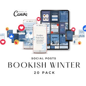 Può includere: Un mockup di prodotto digitale con un tablet e due smartphone che mostrano post sui social media. I post hanno un tema invernale con design blu e bianchi. Il testo sull'immagine dice "Bookish Winter" e "20 Pack".