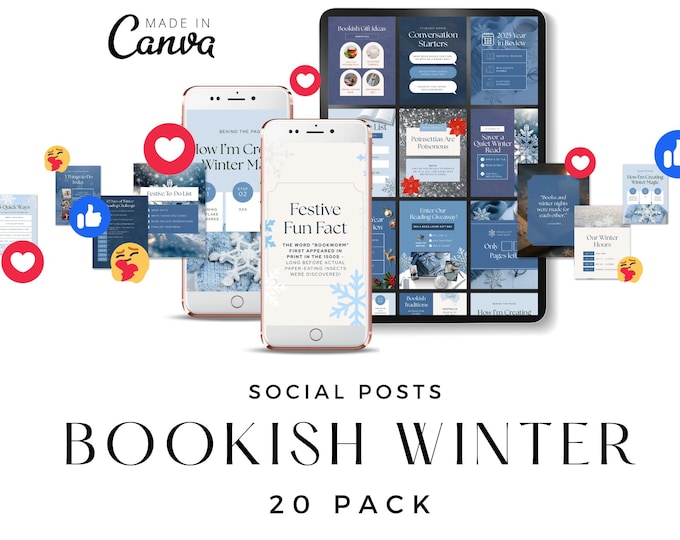 Book Lover Winter Instagram Canva Template, Bookstagram Social Media Kit, Author Post Bundle, Snow Theme Holiday Marketing for Small Busines