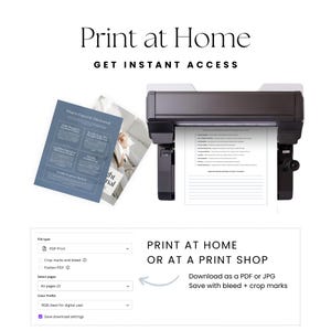 Puede incluir: Una impresora negra que imprime un documento blanco con una lista de verificaci&oacute;n, junto a una p&aacute;gina de diario azul y una interfaz digital con ajustes de impresi&oacute;n PDF y el texto Print at Home, Get Instant Access, Print at Home or at a Print Shop.