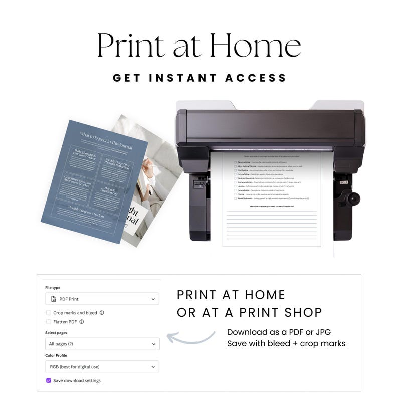 Puede incluir: Una impresora negra que imprime un documento blanco con una lista de verificaci&oacute;n, junto a una p&aacute;gina de diario azul y una interfaz digital con ajustes de impresi&oacute;n PDF y el texto Print at Home, Get Instant Access, Print at Home or at a Print Shop.