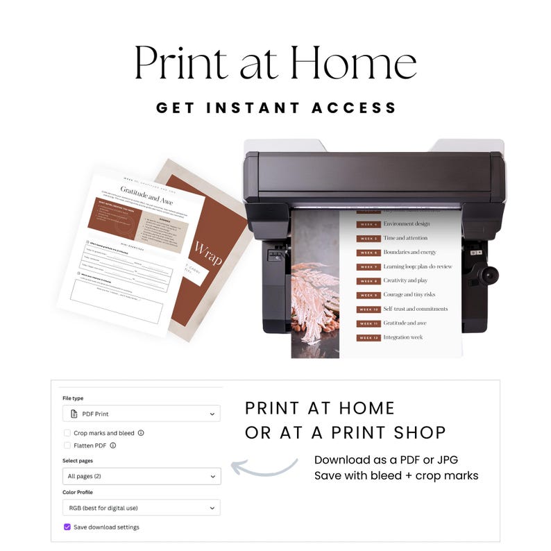 May include: A printer is shown with printed pages and the text "Print at Home". The image includes a PDF print option, crop marks, and color profile settings. The text "Gratitude and Awe" is visible on a printed page.