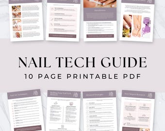 May include: A 10-page printable PDF nail tech guide featuring instructional text, diagrams, and photographs related to nail care, tools, equipment, health, hygiene, safety, nail art techniques, business building, and advanced strategies for nail technicians.