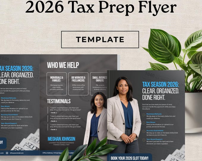 Tax Prep Flyer Template for Bookkeeper, Editable Canva Marketing Design for Tax Season 2026, Financial Services Promo