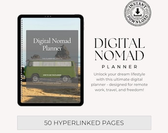 Planificador para nómadas digitales, trabaja desde cualquier lugar, planificador de viajes, organizador de trabajo remoto, bienestar minimalista, aventura, cuaderno digital Canva