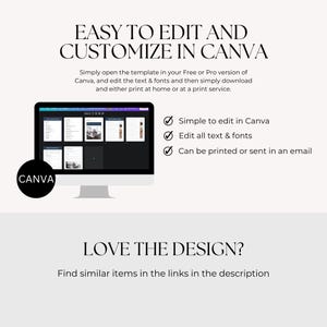 May include: A digital template advertisement featuring a computer monitor displaying document layouts. Text reads: EASY TO EDIT AND CUSTOMIZE IN CANVA, Simply open the template in your Free or Pro version of Canva, Simple to edit in Canva, Edit all text & fonts, Can be printed or sent in an email, LOVE THE DESIGN?, Find similar items in the links in the description.