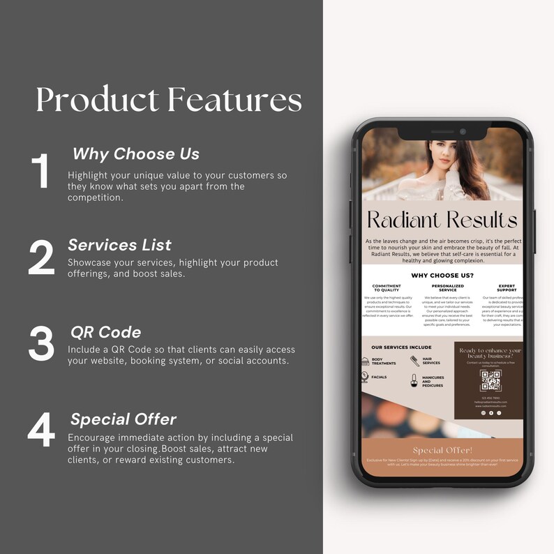 May include: A mobile phone screen displaying a business advertisement for a beauty salon. The ad features a woman with long brown hair and a white shirt. The text on the ad reads "Radiant Results" and "Why Choose Us?" The ad also includes a QR code and a special offer.