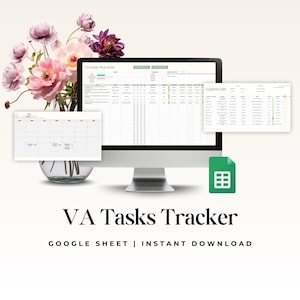 Puede incluir: Un monitor de computadora muestra una hoja de cálculo de VA Tasks Tracker, un calendario y una lista de clientes. El texto "VA Tasks Tracker" y "GOOGLE SHEET | INSTANT DOWNLOAD" están debajo del monitor. Un jarrón de flores rosas y moradas está a la izquierda.
